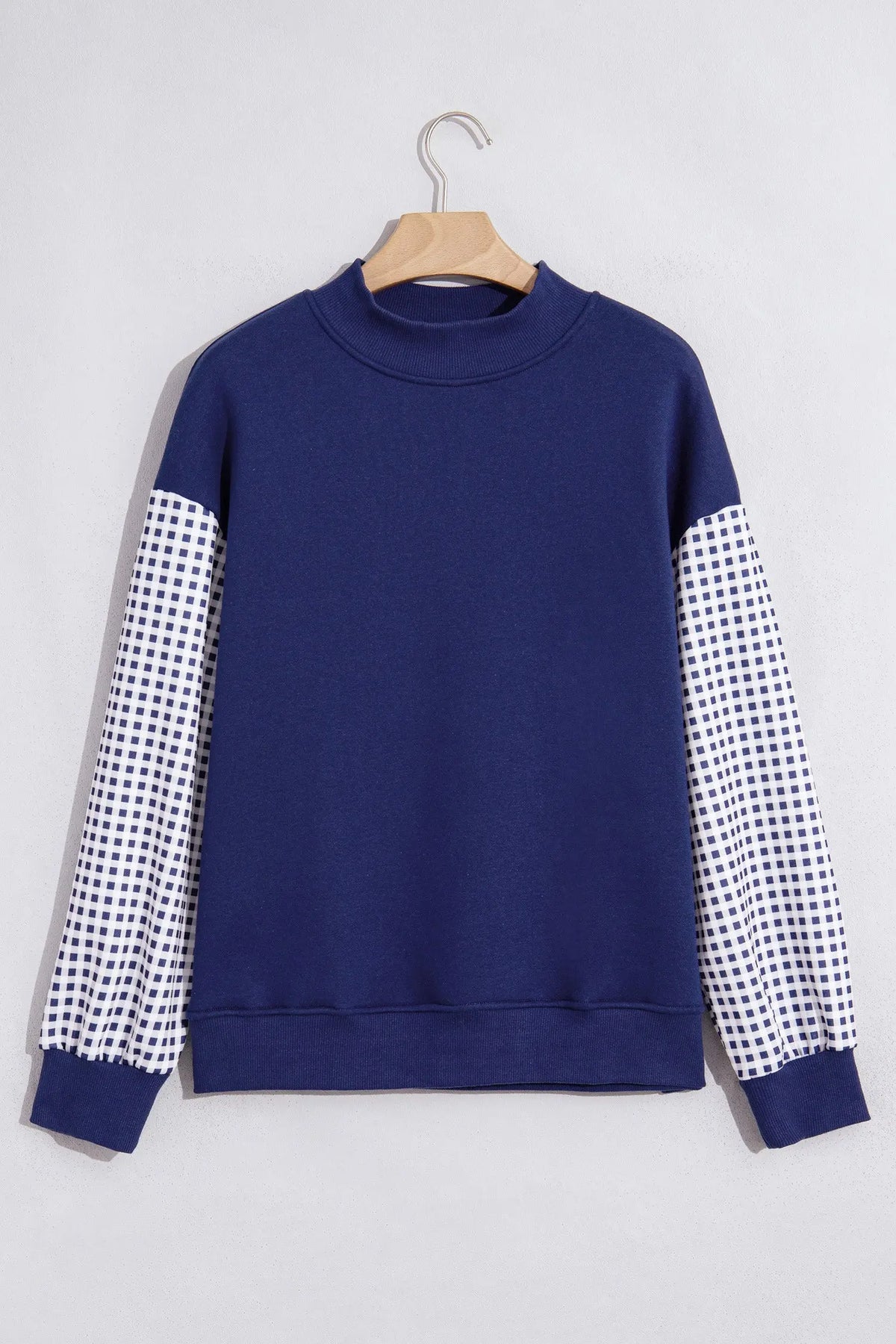 Navy Blue Plaid Sleeve Colorblock Loose Tunic Sweatshirt