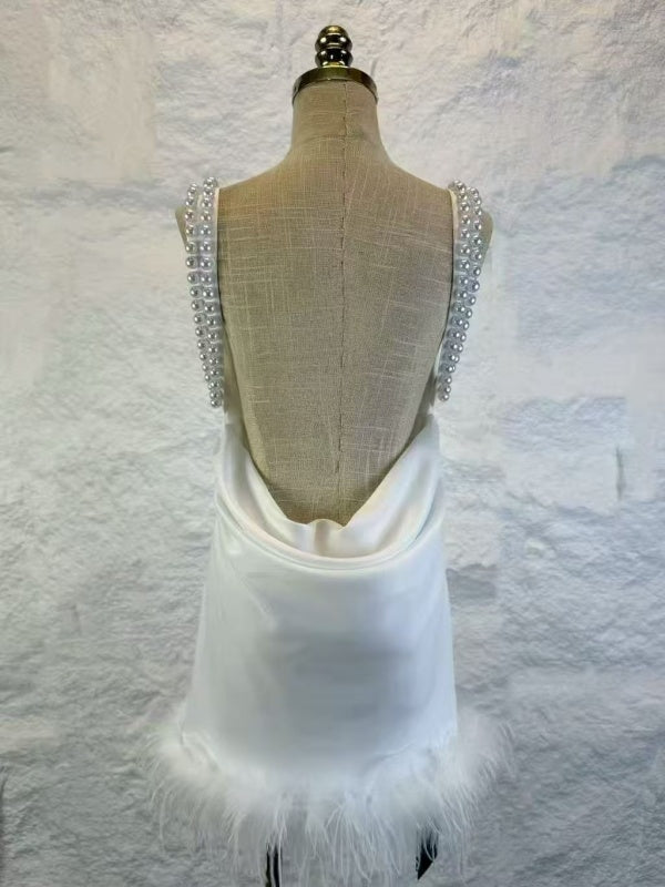 Pearl Strap Feather Trim Satin Mini Slip Dress mannequin view · nz-alt-v1