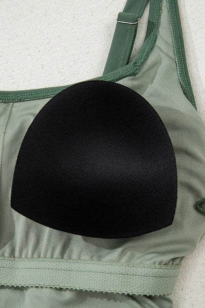 Mist Green Side Tied Waist Square Neck Adjustable Straps A-line One Piece Swim Dress