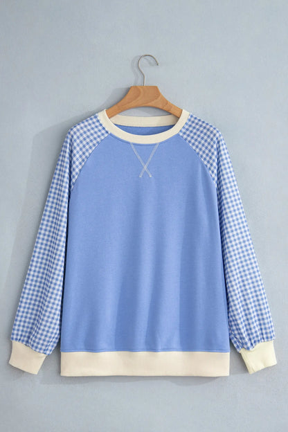 Beige Plaid Sleeve Colorblock Raglan Pullover Sweatshirt
