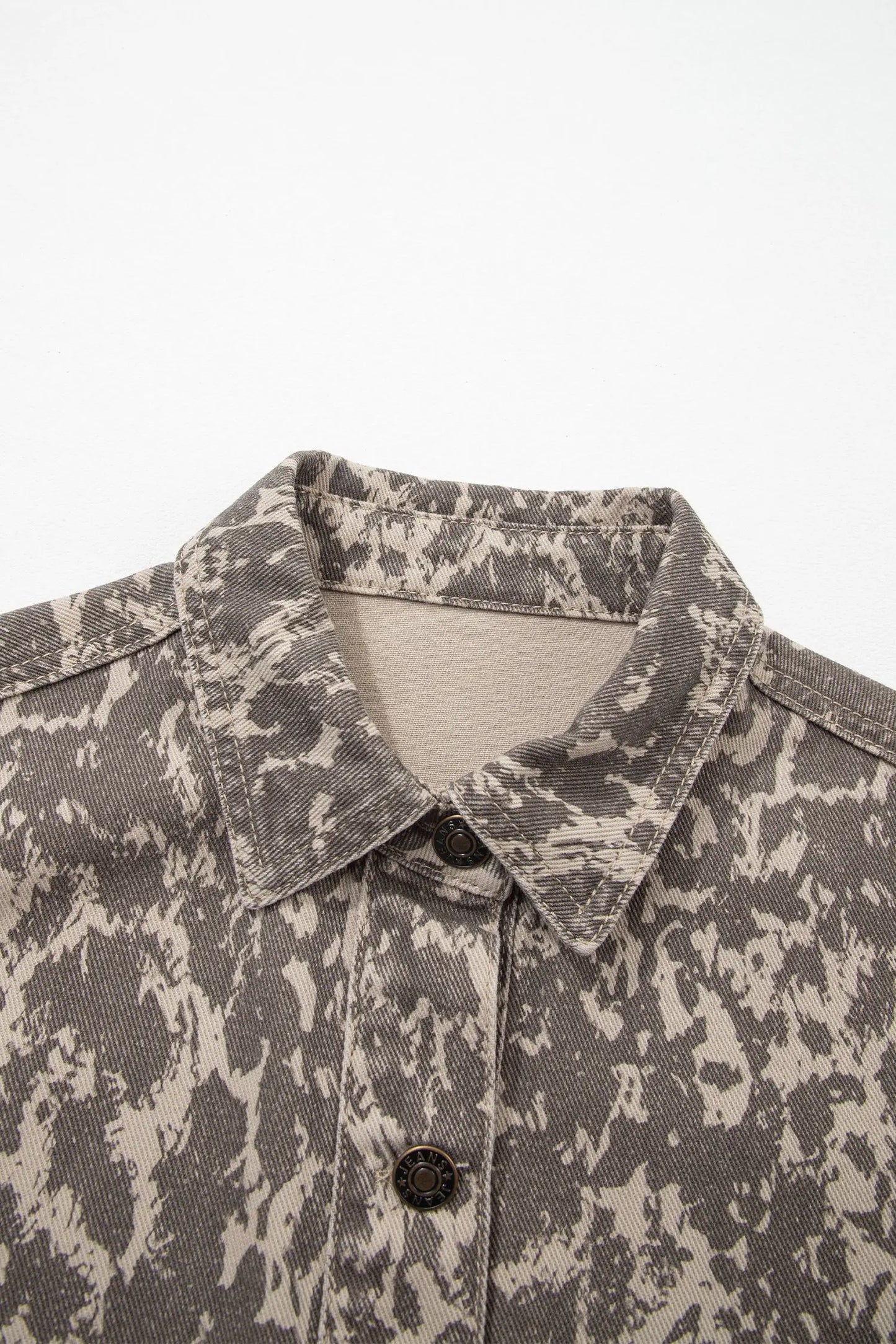 Khaki Abstract Print Long Sleeve Collar Raw Hem Denim Jacket