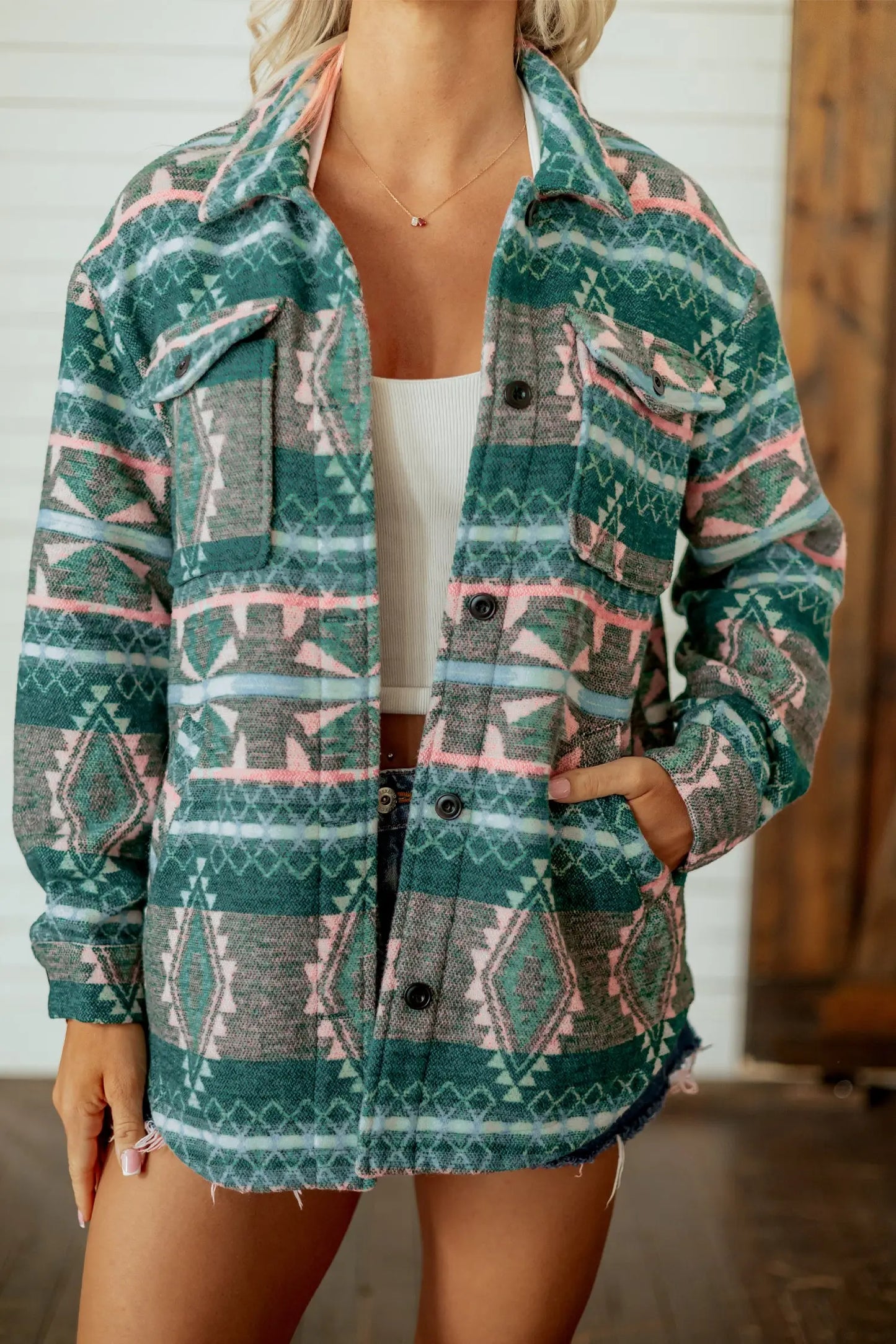 Green Geometric Print Button Front Long Sleeve Shacket