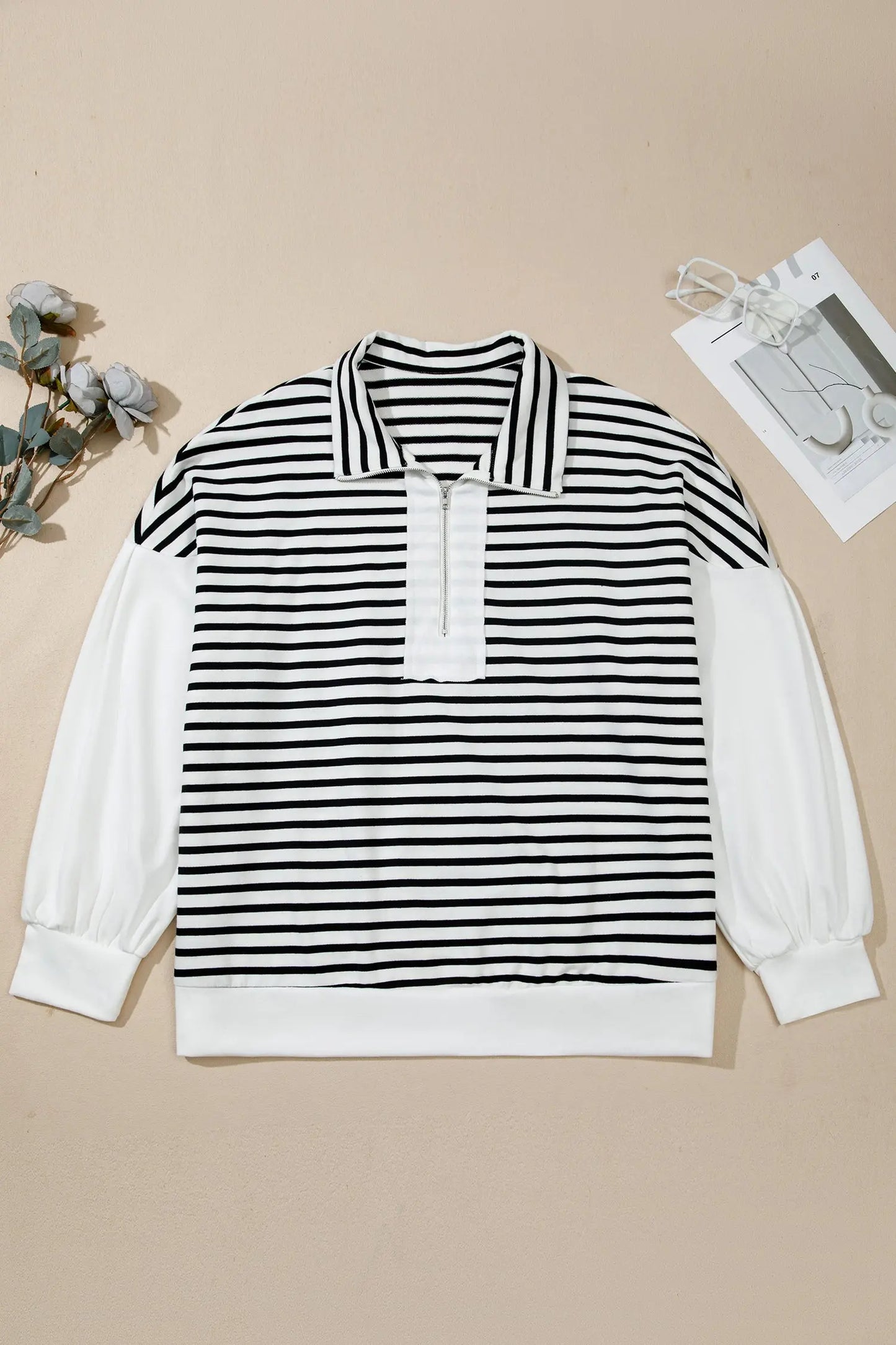 White Stripe Striped Colorblock V Neck Long Sleeve Shift Plus Size Blouse