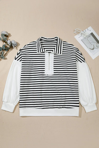 White Stripe Striped Colorblock V Neck Long Sleeve Shift Plus Size Blouse