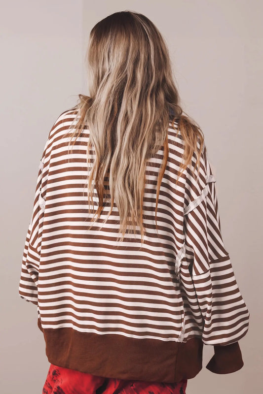 Brown Stripe Color Block Trim Split Hem Pullover Sweatshirt model back view · nz-alt-v1