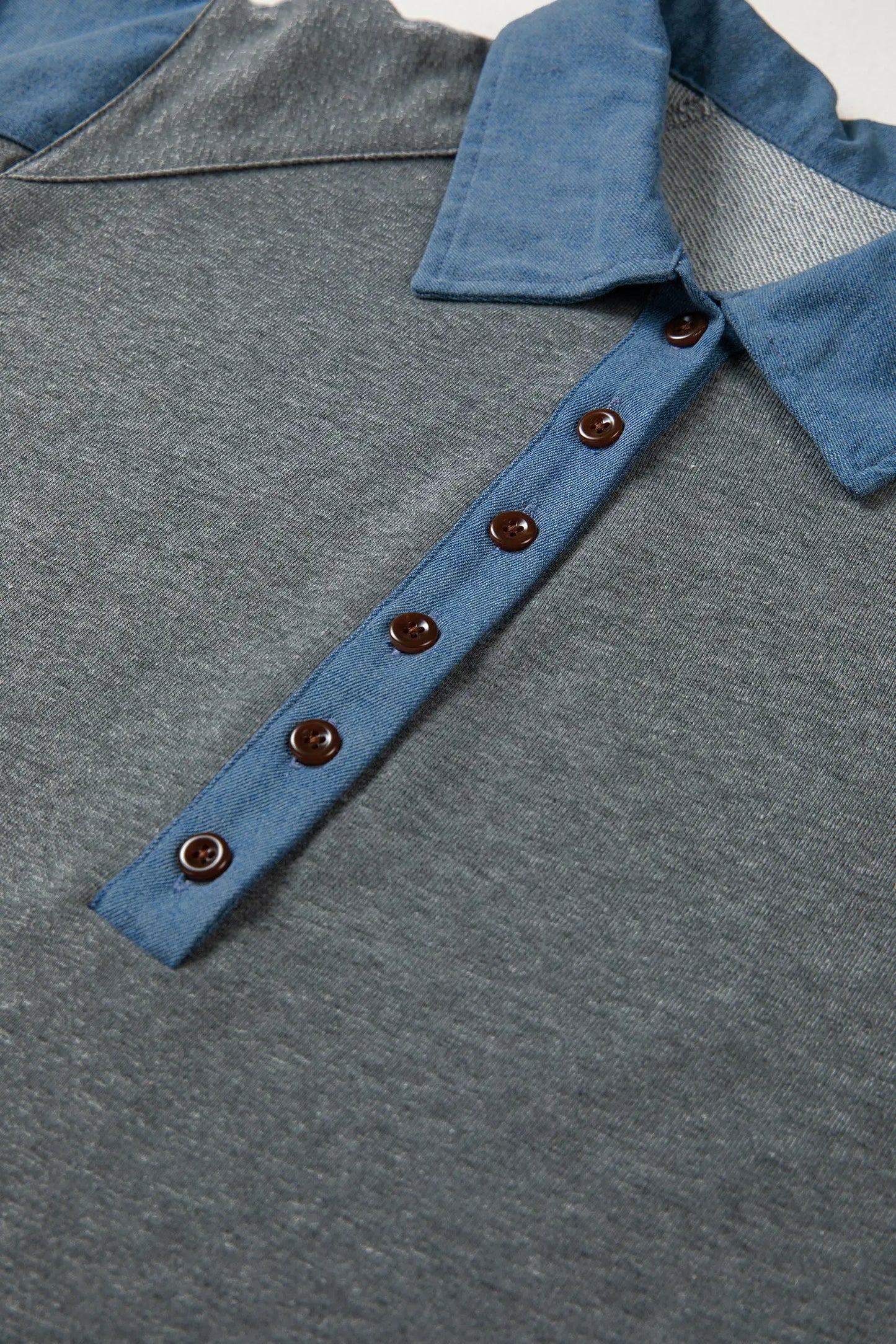 Carbon Grey Denim Color Block Patchwork Shirt Collar Short Sleeve Blouse Nataliz