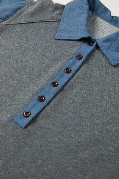 Carbon Grey Denim Color Block Patchwork Shirt Collar Short Sleeve Blouse Nataliz