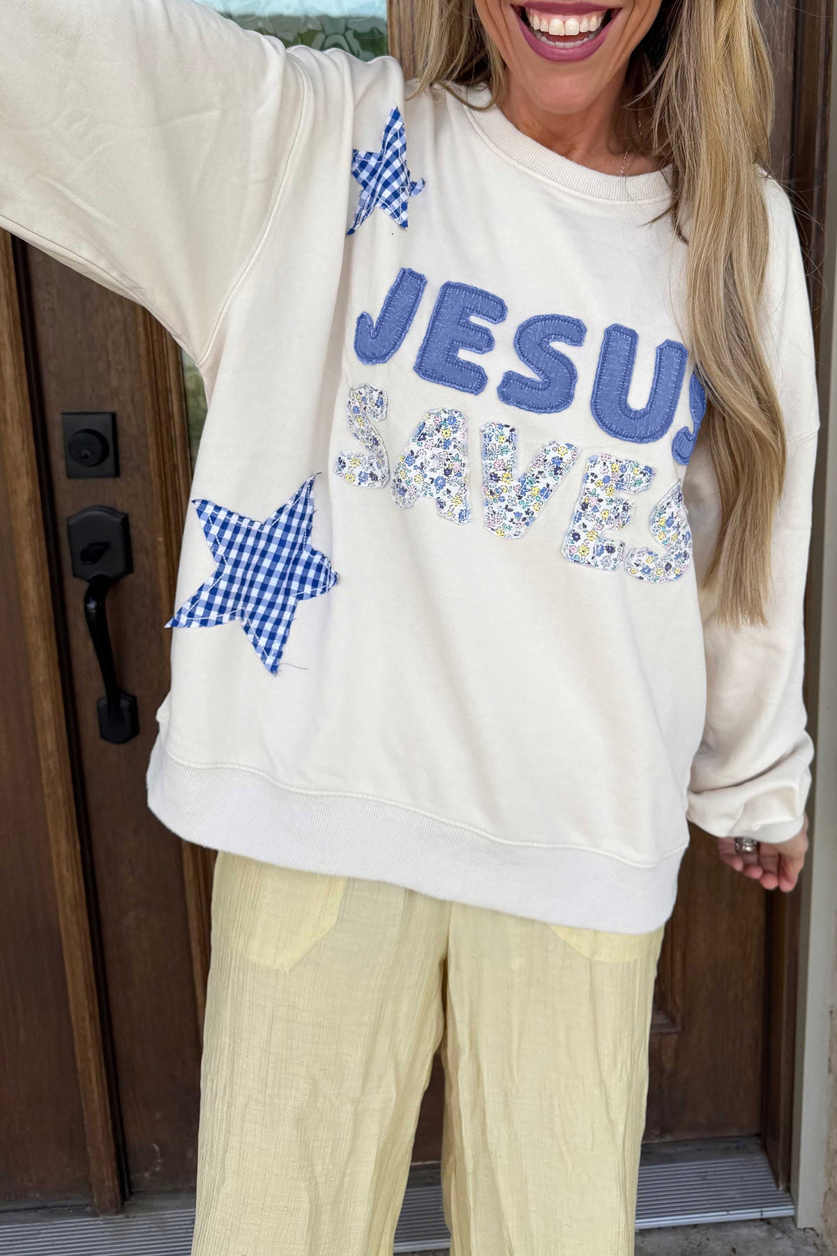 Patchwork Stars Plaid Unique Floral Letters Baggy Sweatshirt