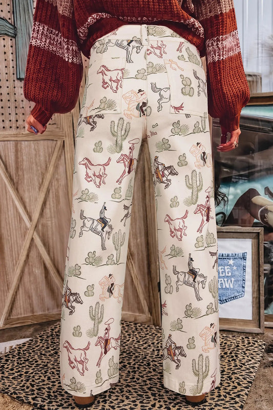 Multicolour western print straight leg ankle-length pocket jeans model back view · nz-alt-v1