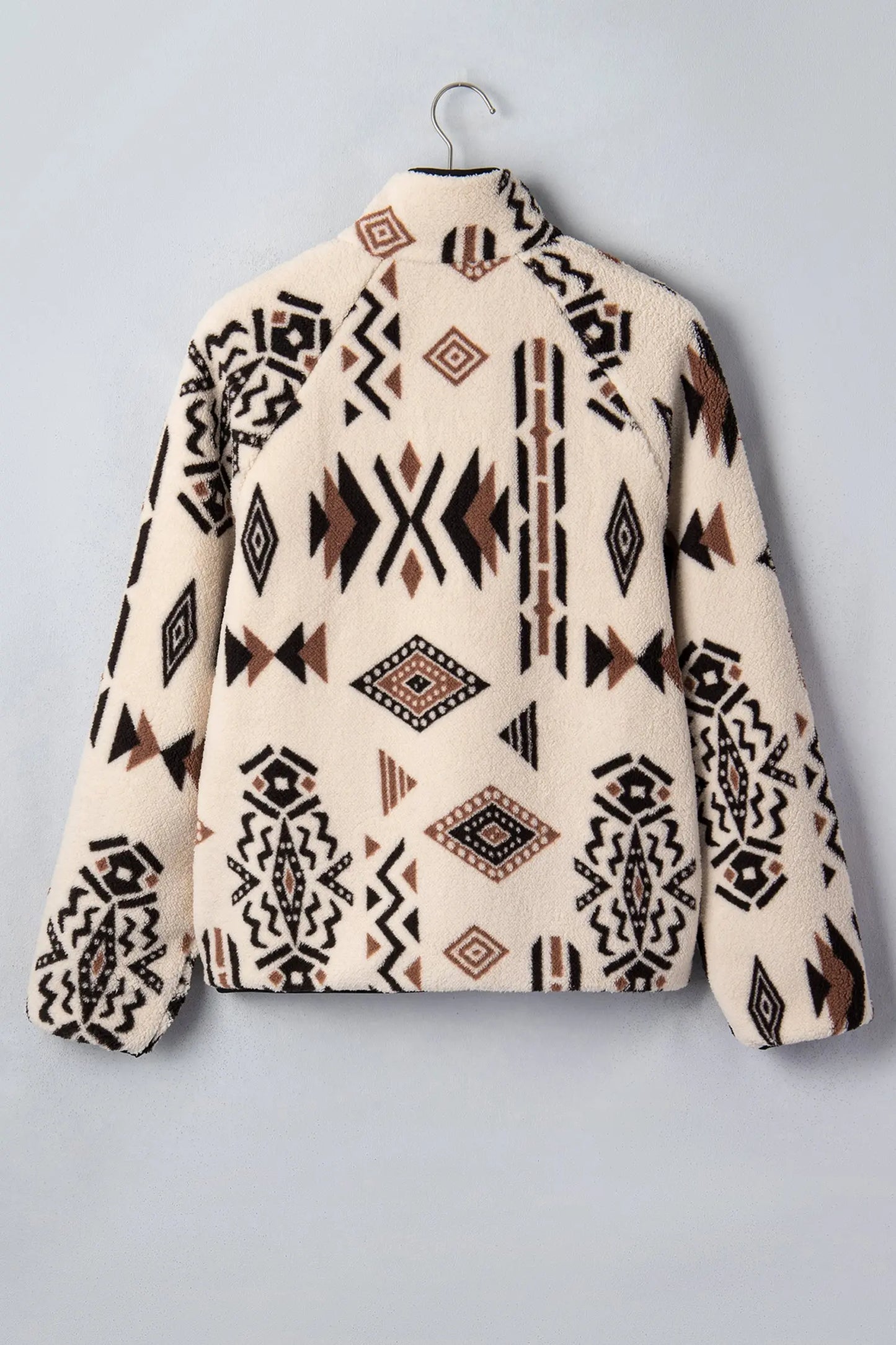 Beige Geometric Print Long Sleeve Shirt Collar Zip-up Placket Binding Tape Jacket