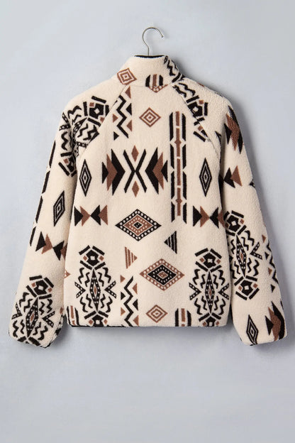 Beige Geometric Print Long Sleeve Shirt Collar Zip-up Placket Binding Tape Jacket