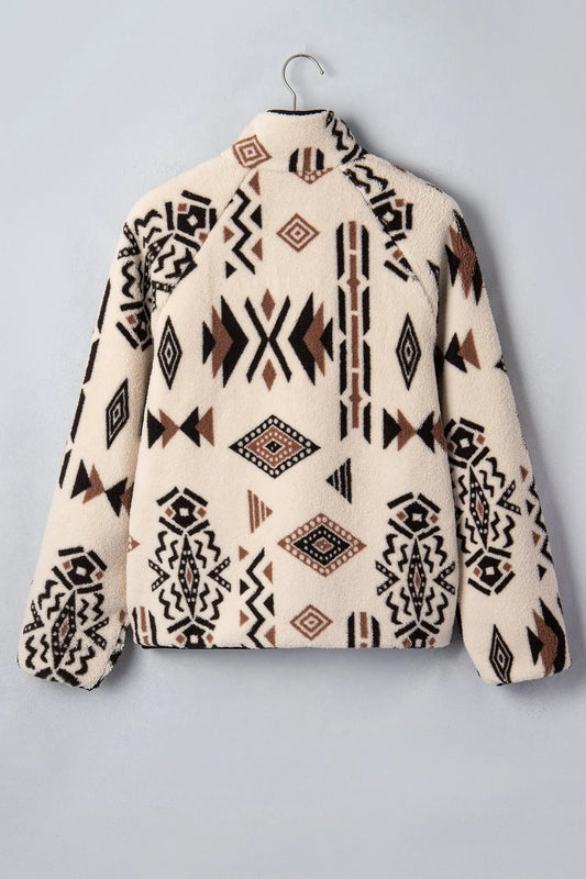 Beige Geometric Print Long Sleeve Shirt Collar Zip-up Placket Binding Tape Jacket