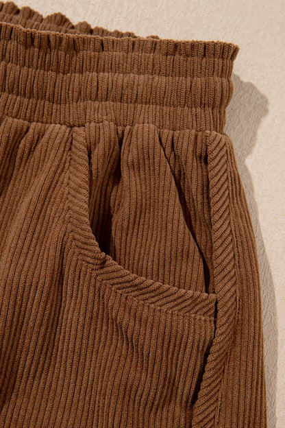 Coffee Corduroy Elastic Waist Drawstring Cargo Pants