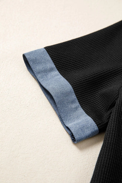 Black Waffle Knit Denim Color Block Patchwork Button Flap Polo Top - Tops