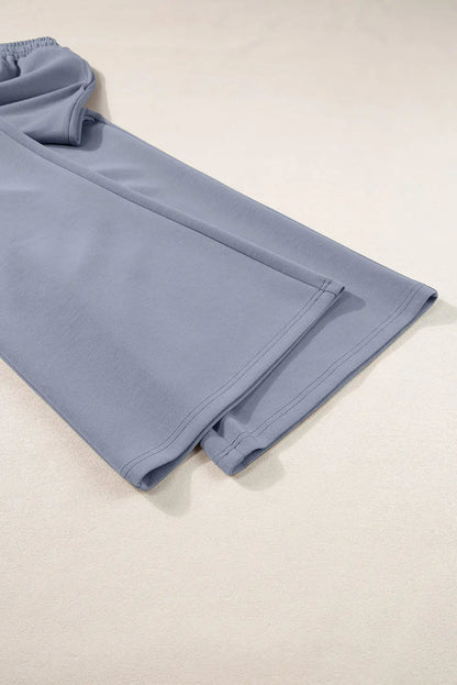 Dusk Blue Solid Color Cowl Neck Drawstring Pullover Wide Leg Athleisure Pants Set