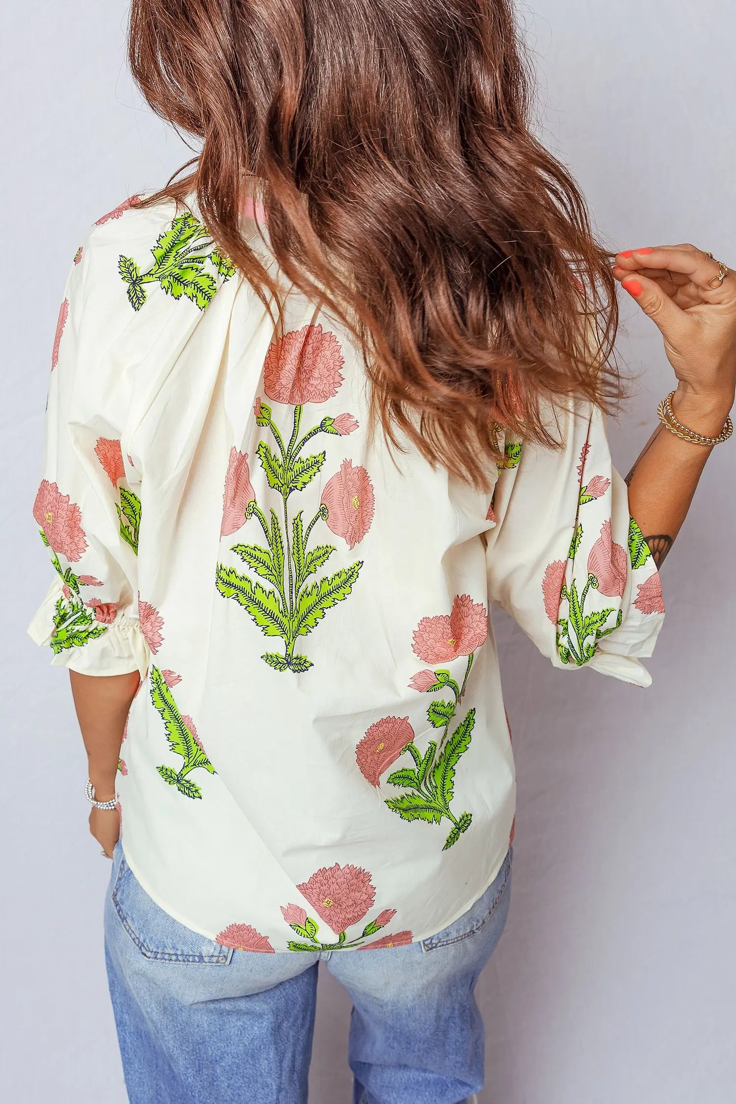 Sky Blue Casual Wild Flower Print V Neck 3/4 Sleeve Blouse Nataliz