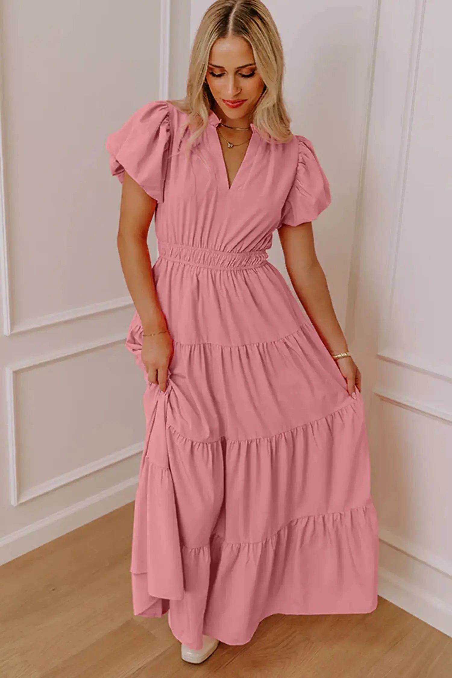 Bright Green Solid Color V Neck Short Puff Sleeve High Waist Tiered Maxi Dress - Casual Dresses