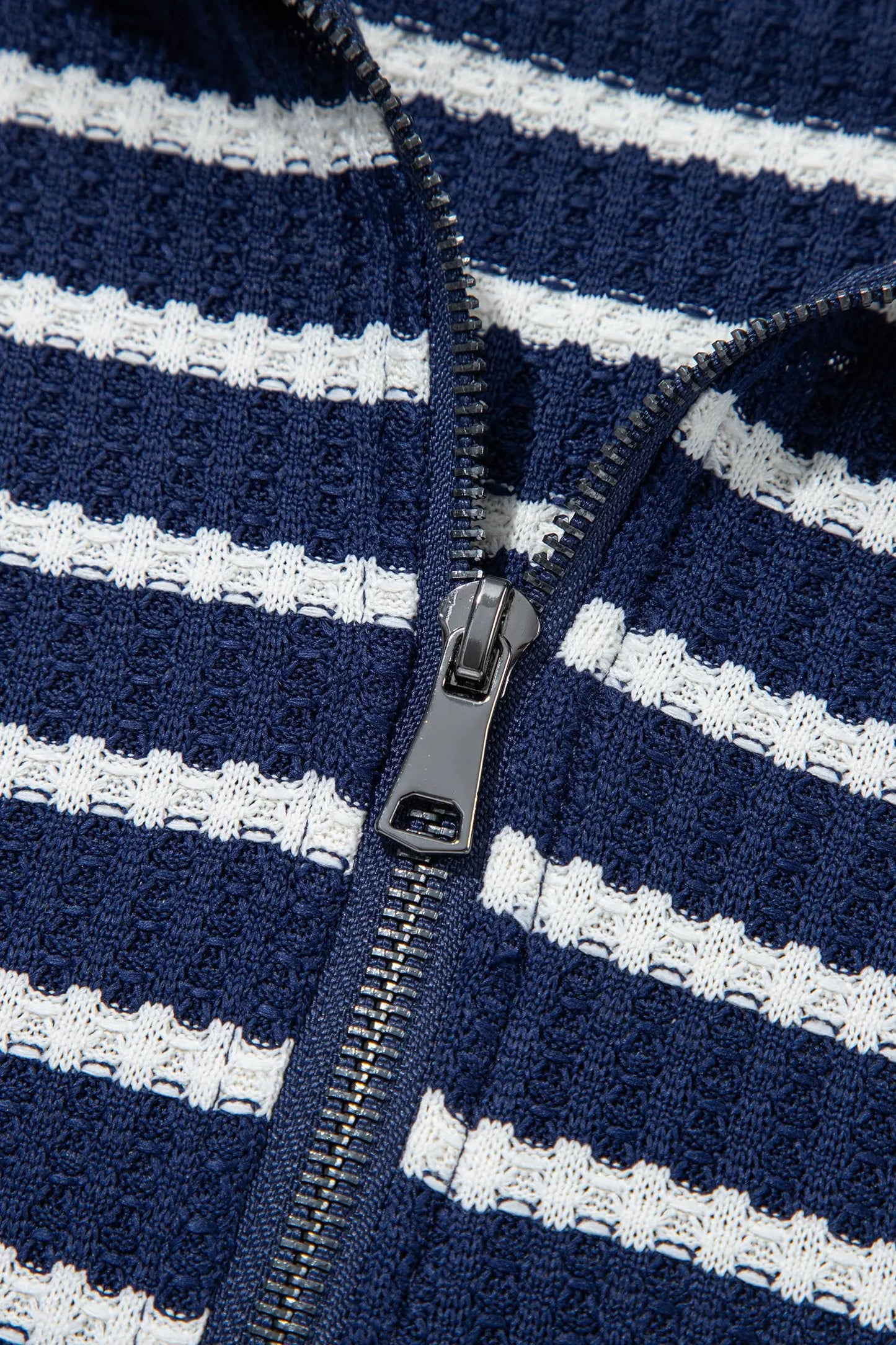 Blue Stripe Textured Knit Half Zip Collared Long Sleeve Top
