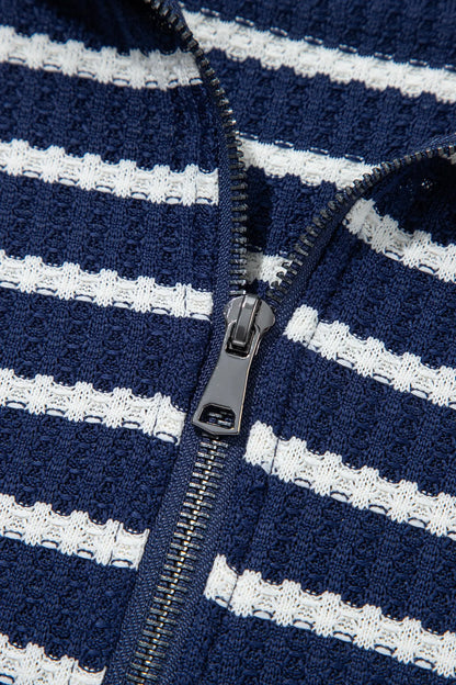 Blue Stripe Textured Knit Half Zip Collared Long Sleeve Top