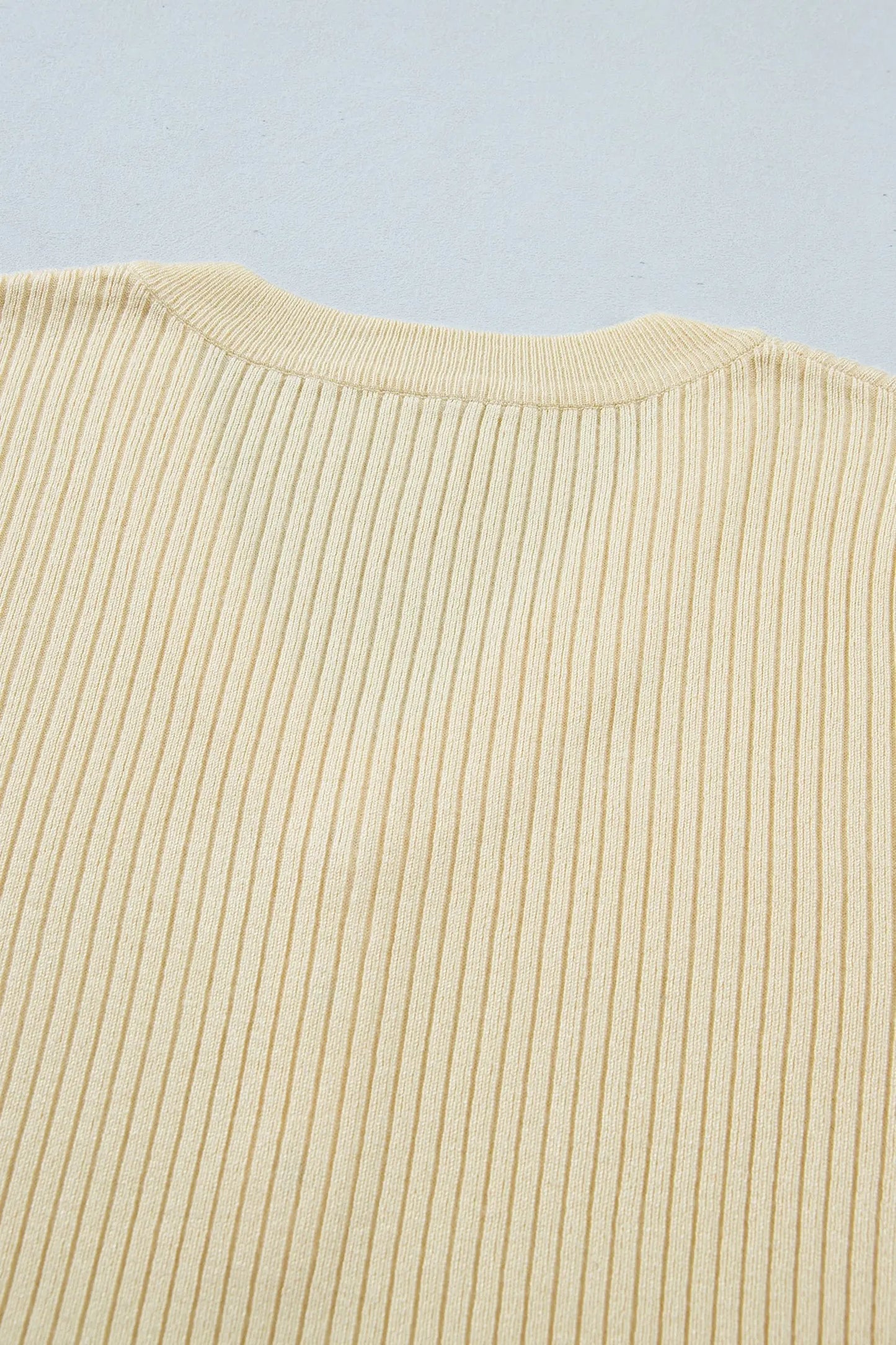 Apricot V Neck Ribbed Knit Striped Trim Short Sleeve Sweater Nataliz