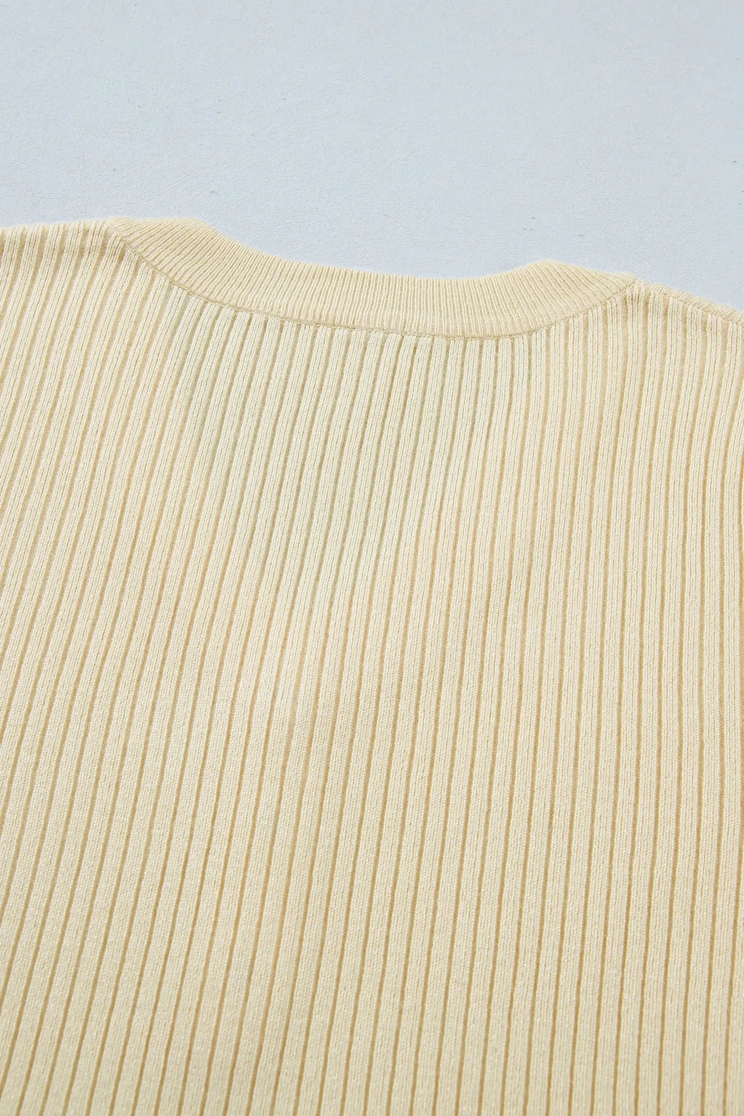 Apricot V Neck Ribbed Knit Striped Trim Short Sleeve Sweater Nataliz