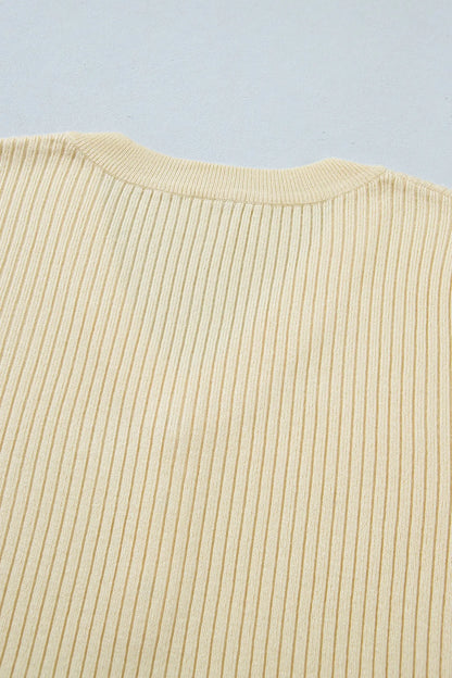Apricot V Neck Ribbed Knit Striped Trim Short Sleeve Sweater Nataliz