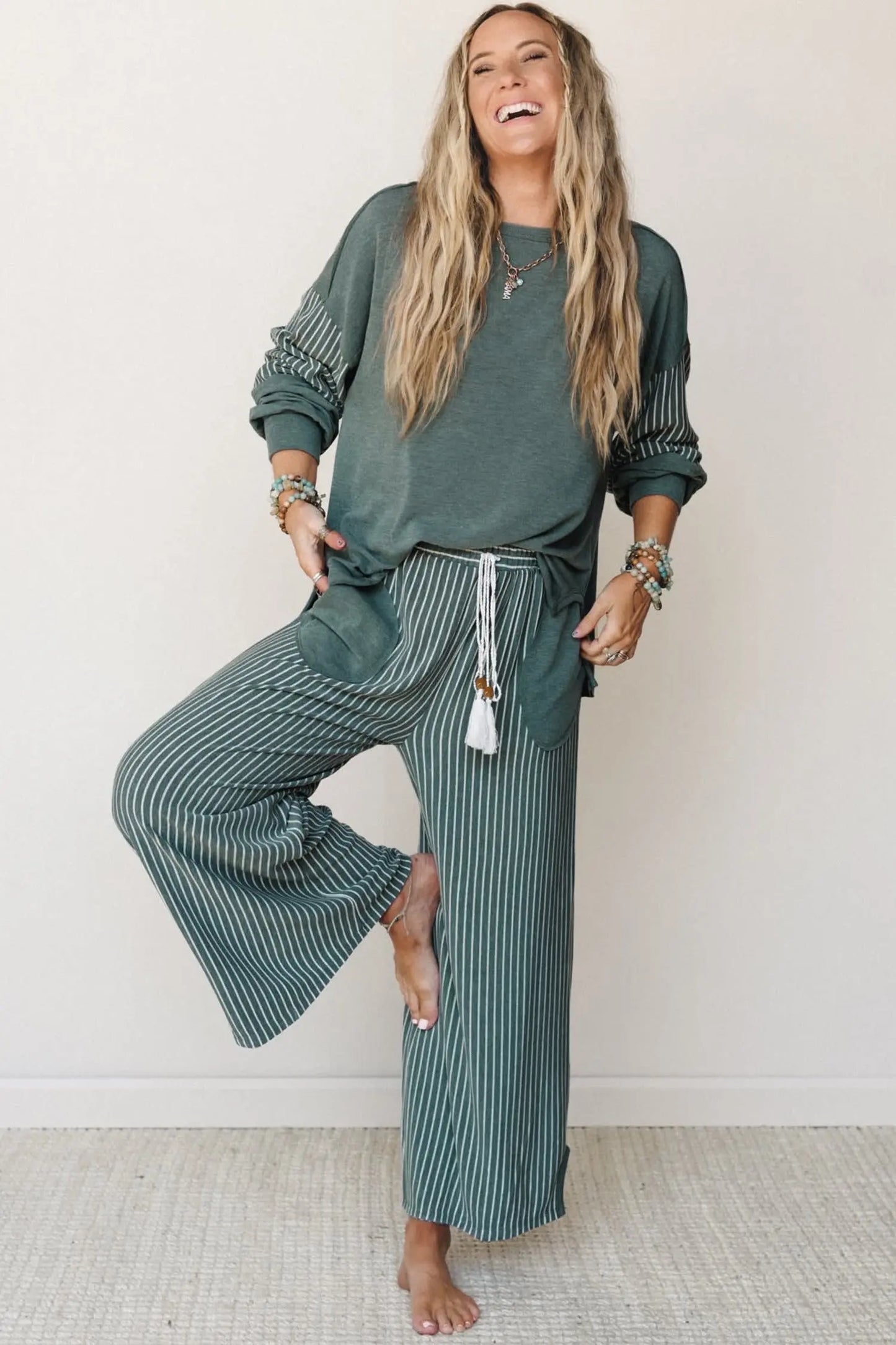 Green Bay Raw Seam Patchwork Long Sleeve Top Pocket Casual Pants 2pcs Set