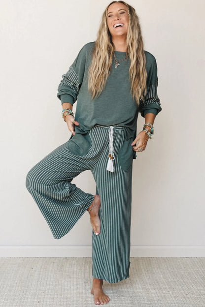 Green Bay Raw Seam Patchwork Long Sleeve Top Pocket Casual Pants 2pcs Set