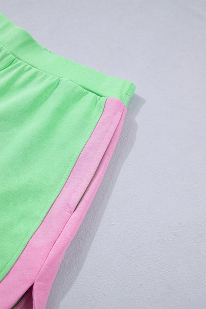 Green Color Block Accent Half Zip Top Athleisure Shorts Set