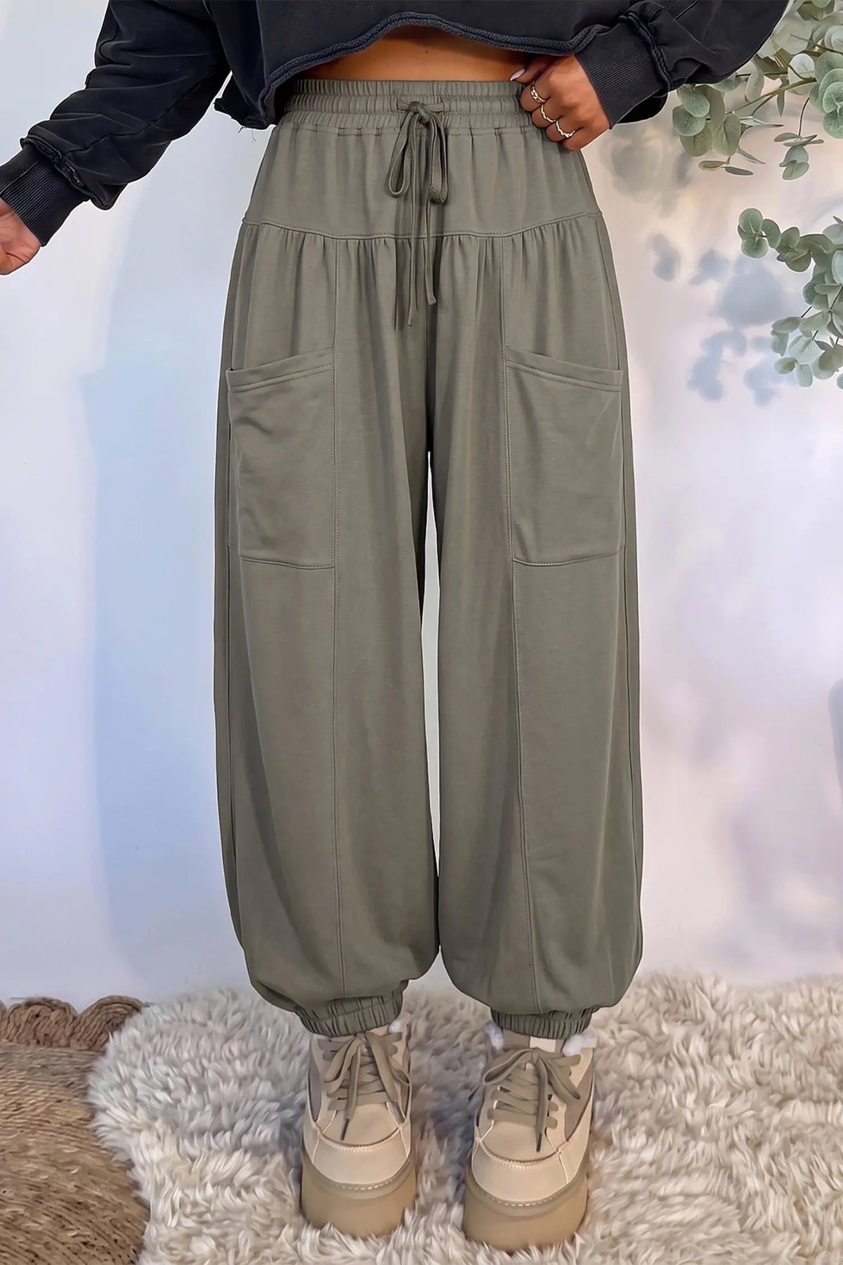 Dirty blue Elastic Waist Drawstring Wide Leg Full Length Pants