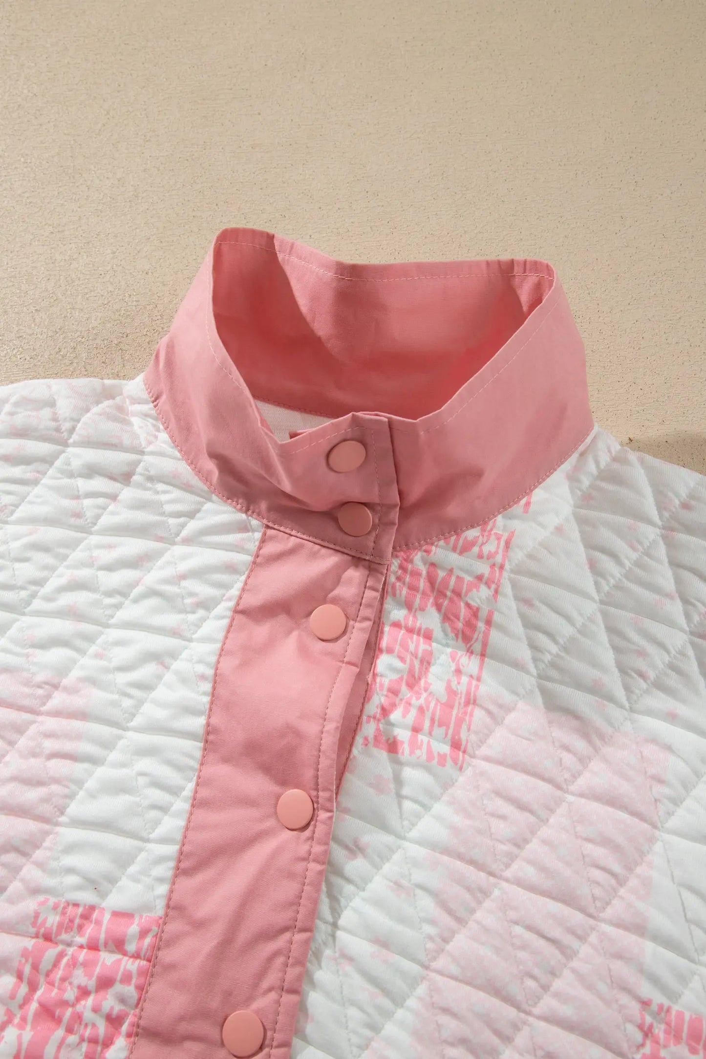 Pink Floral Quilted Half Button Pocketed Pullover Sweatshirt