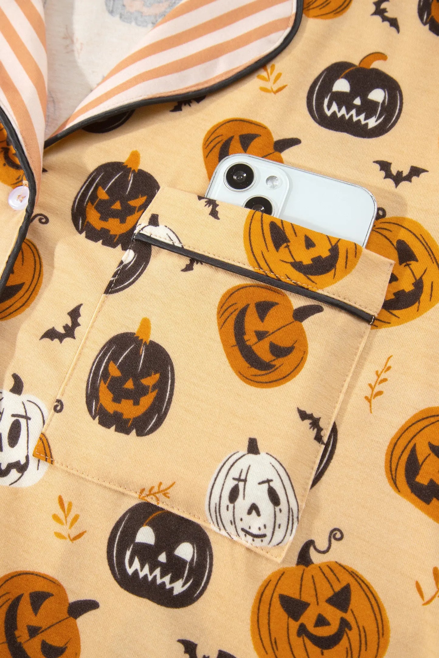 Orange Halloween Pumpkin Print Two Piece Long Sleeve Lounge Set