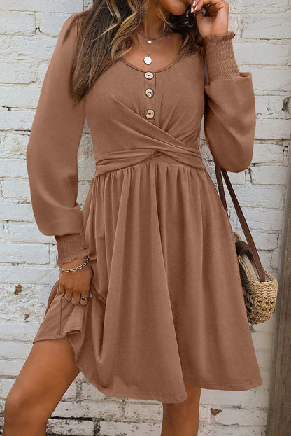 Dark Grey Shirred Cuff Long Sleeve Button Round Neck Mini Dress