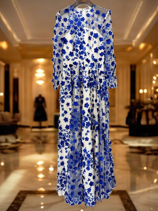 Cobalt Floral Appliqué Illusion Long Sleeve Gown hanging view · nz-bg-v1