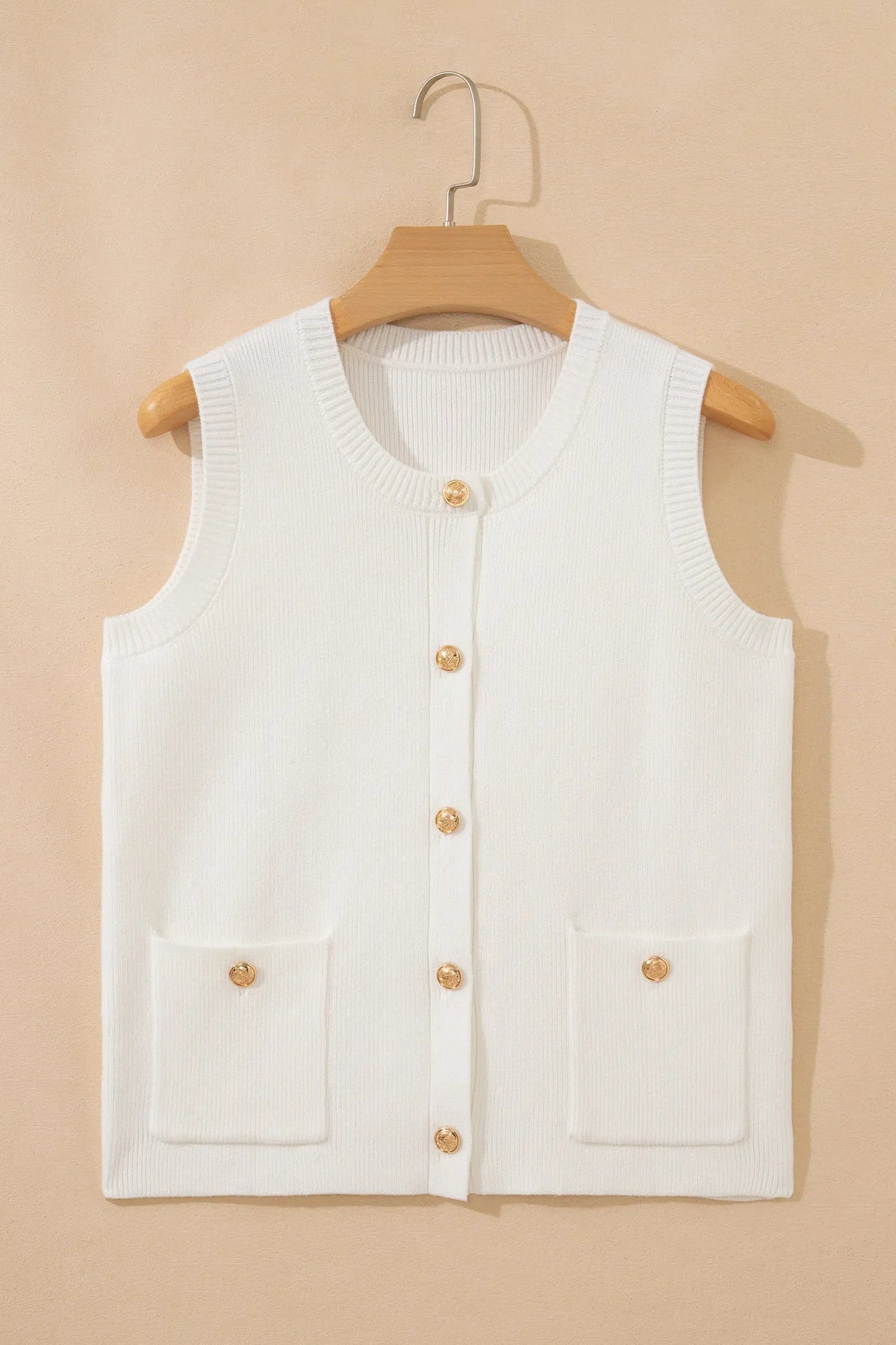 White Solid Color Sleeveless Knit Button Pocketed Sweater