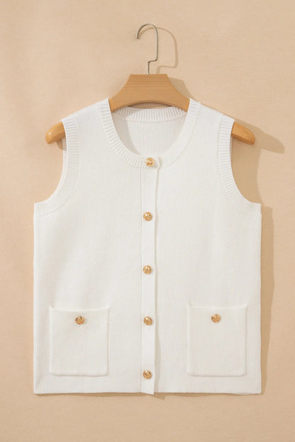 White Solid Color Sleeveless Knit Button Pocketed Sweater