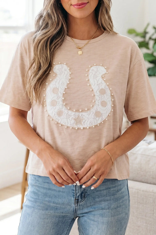 Smoke Gray Lace Pearled Decor Horse Shoe Graphic Western T Shirt Nataliz