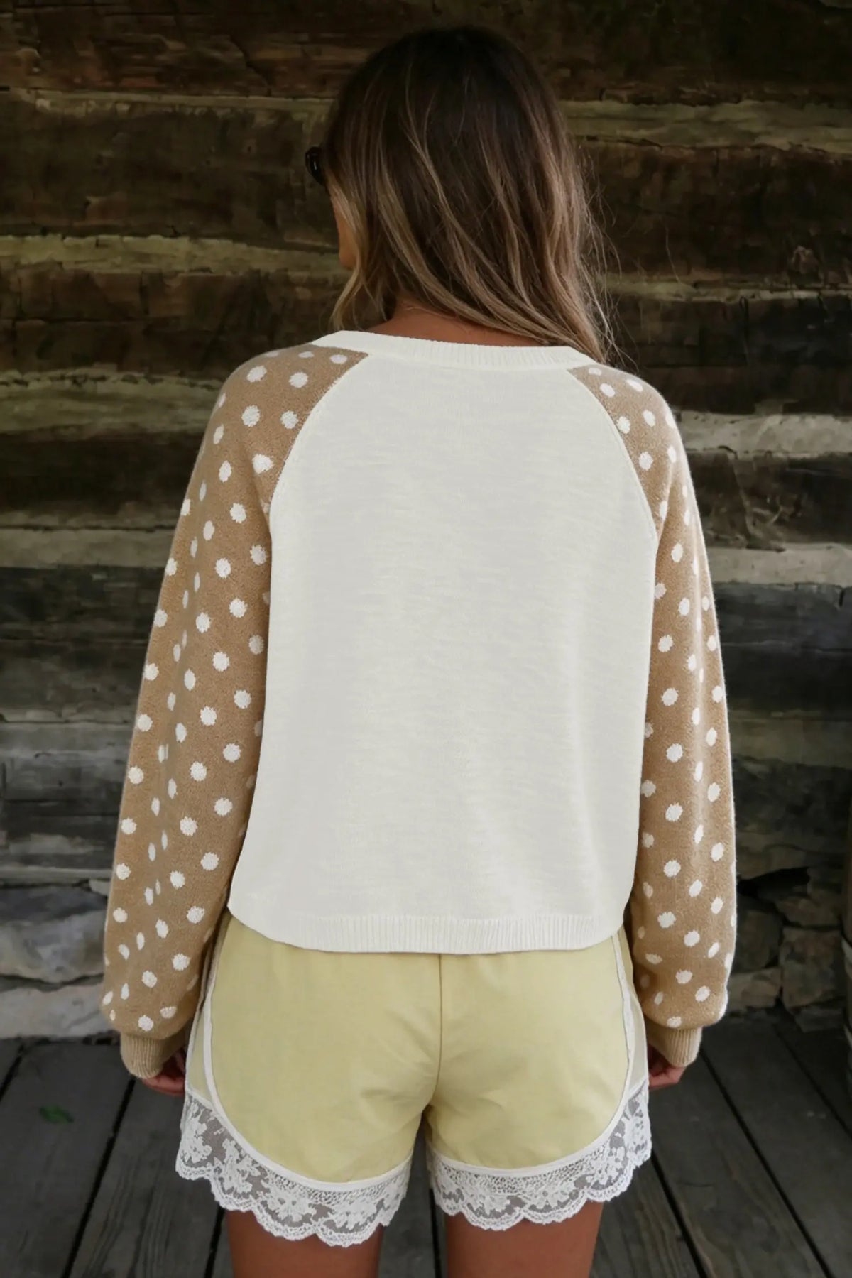Khaki Polka Dot Contrast Long Sleeve Button V Neck Sweater model back view · nz-alt-v1