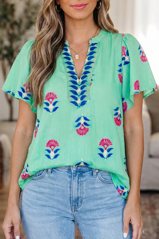 Green Floral V Neck Flutter Sleeve Blouse Nataliz