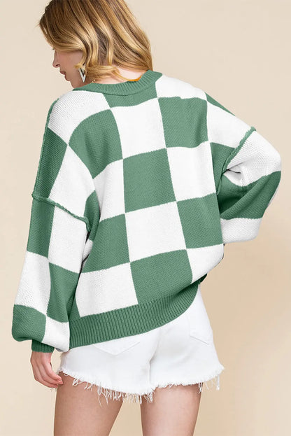 Black Checkered Bishop Sleeve Sweater