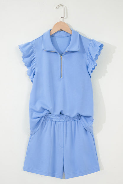 Sky Blue Half Zipped Ruffled Short Set