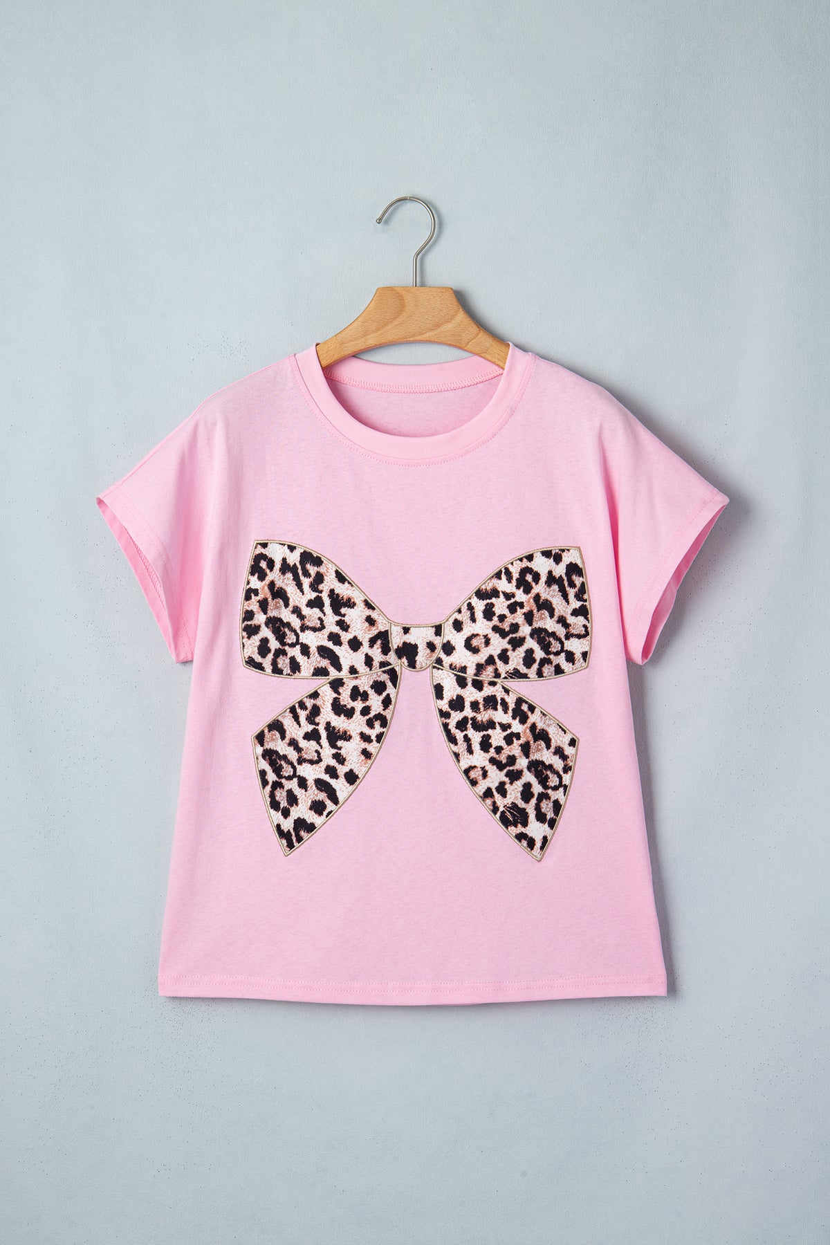 Leopard Bow Embroidered Cotton Round Neck T Shirt