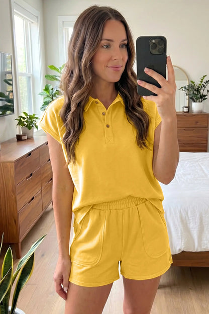 Banana Cream Loose Polo Tee Elastic Waist 2pcs Short Set Nataliz