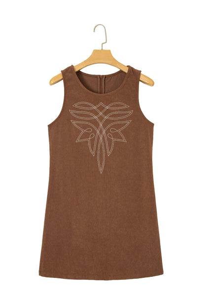 Coffee Geometric Embroidery Sleeveless Corduroy Shift Dress