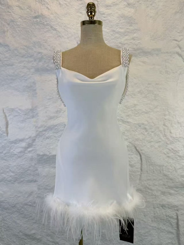 Pearl Strap Feather Trim Satin Mini Slip Dress mannequin view · nz-alt-v1