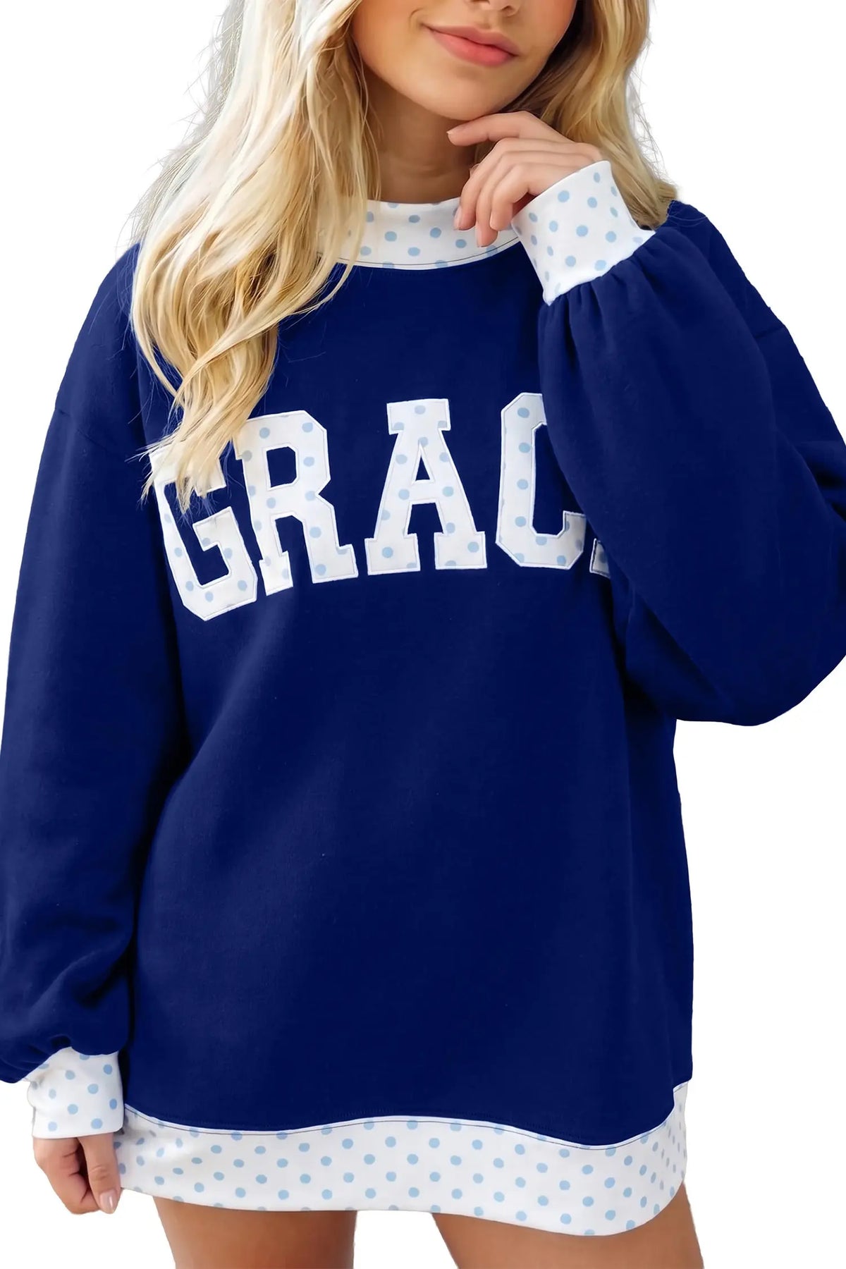 Polka Dot Trim High Neck GRACE Letter Graphic Baggy Sweatshirt