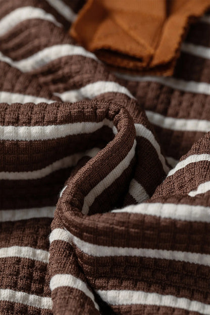 Brown Stripe Collar V Neck Color Block Detail Long Sleeve Pullover Top