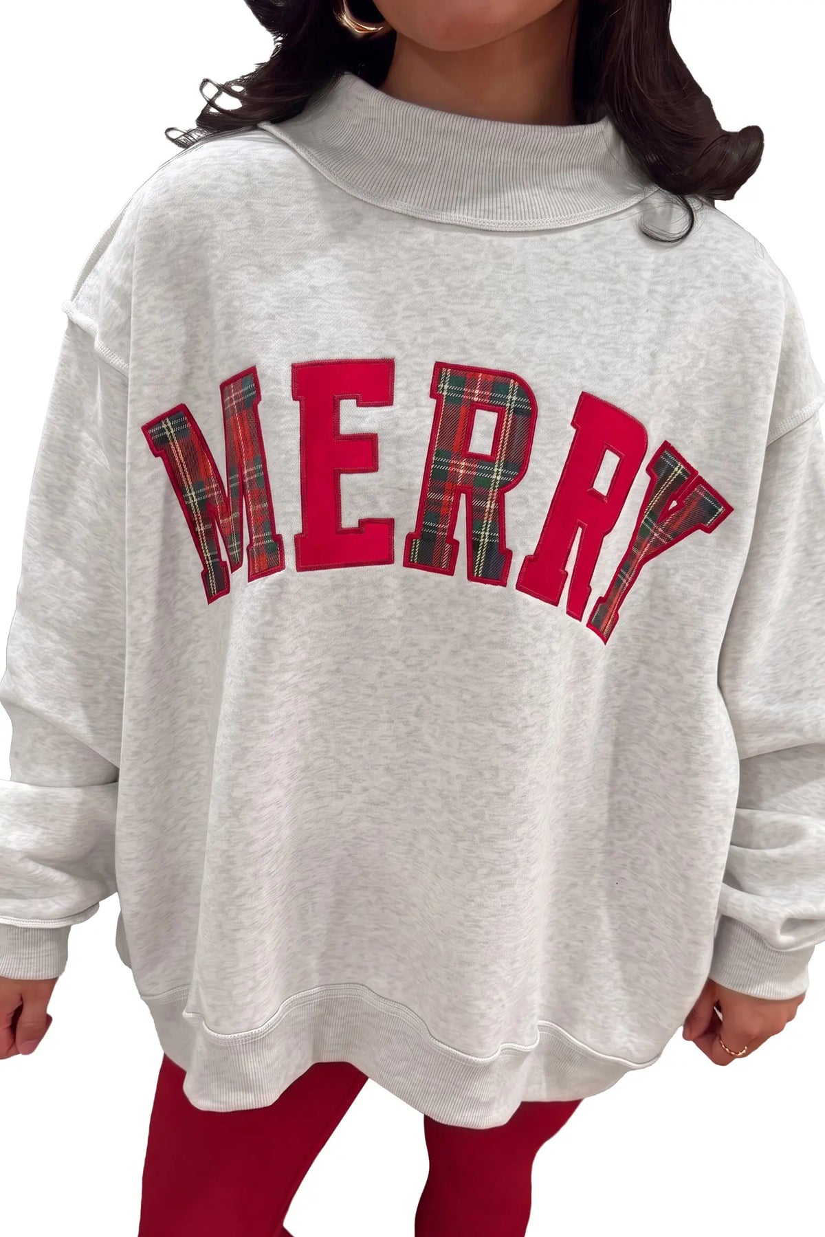 MERRY Embroidered Letter High Neck Tunic Pullover Sweatshirt