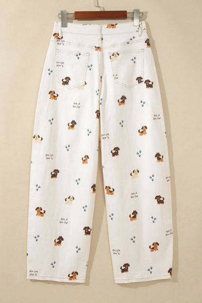 White Abstract Dog Print Wide Leg Full-Length Jeans