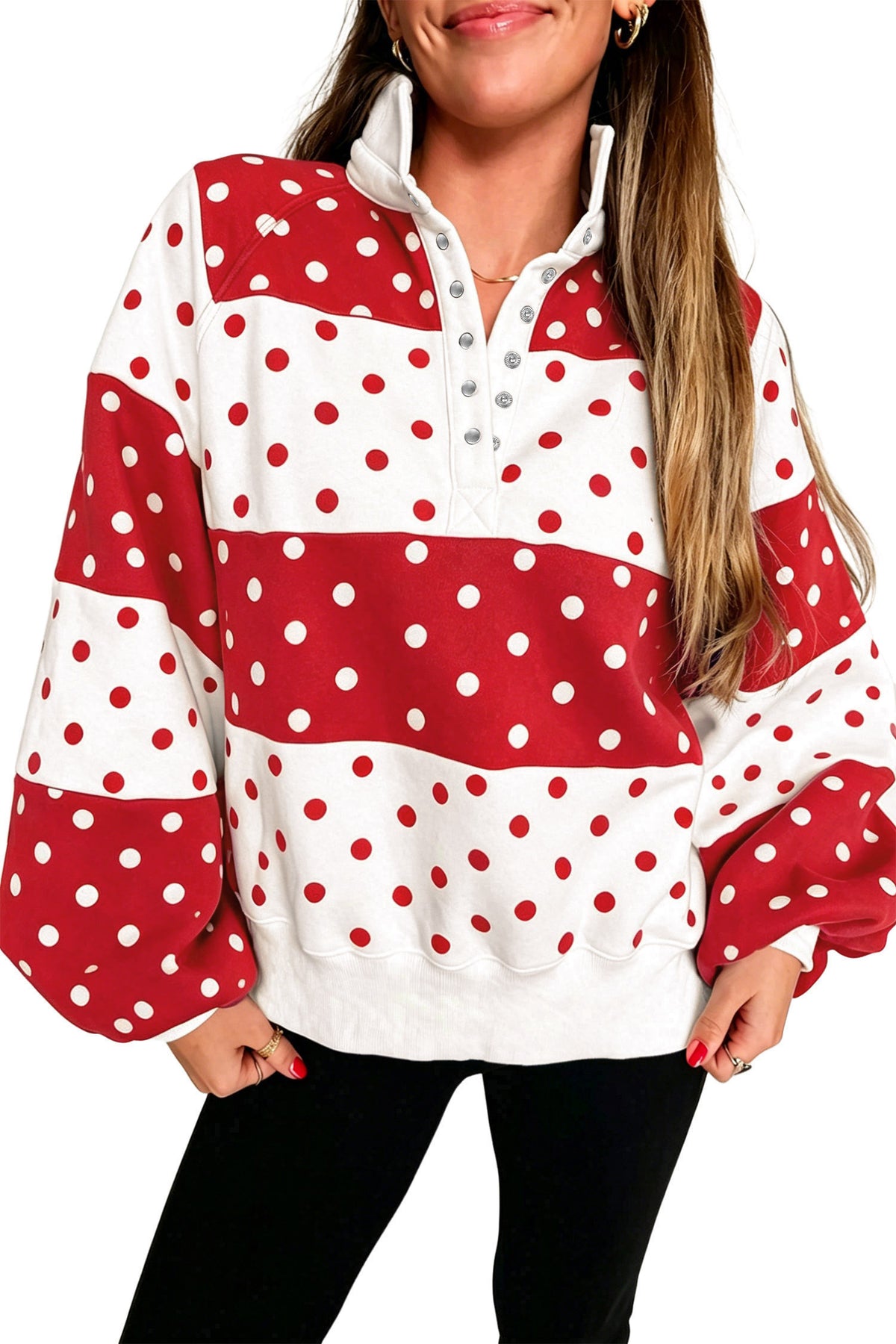 Blue Polka Dot Colorblock Half Zip Puff Sleeve Pullover Sweatshirt